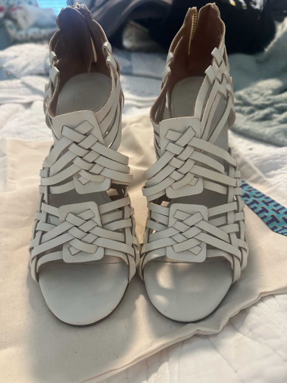 Women's White Strappy Woven Peep-Toe Heels. Tory Burch